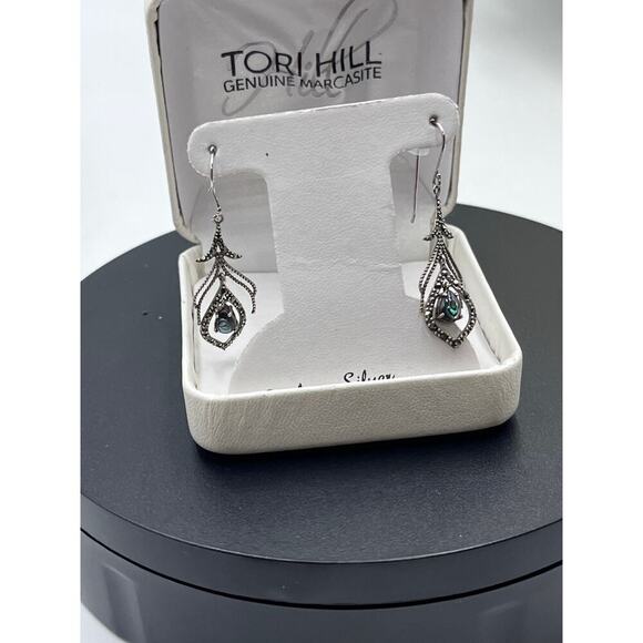 Tori Hill 925 Sterling Silver Abalone & Marcasite Dangle Feather Earrings - Picture 8 of 8